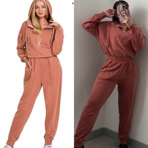 NEW Zenana Rust French Terry Cotton Hooded Jogger Jumpsuit Loungewear Size Small